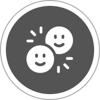 Two smiling face icons with radiating lines on a dark circular background.