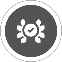 Icon of a checkmark encircled by leaves, set against a dark circular background.