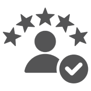 Icon of a person silhouette with five stars above and a check mark in a circle to the right.