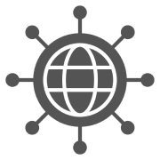 Icon of a globe surrounded by a circular network with connected points, representing global connectivity or network communication.