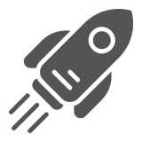 Icon of a dark gray rocket ship with trails on a white background.